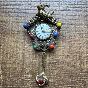 Vintage 1930s Signed Czech Dangle Pendulum Clock Brooch Glass Enamel & Porcelain